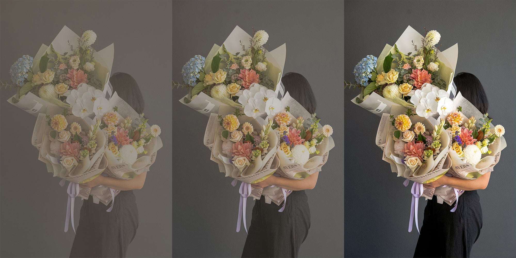 Three images of a person holding a bouquet of flowers against a gray background