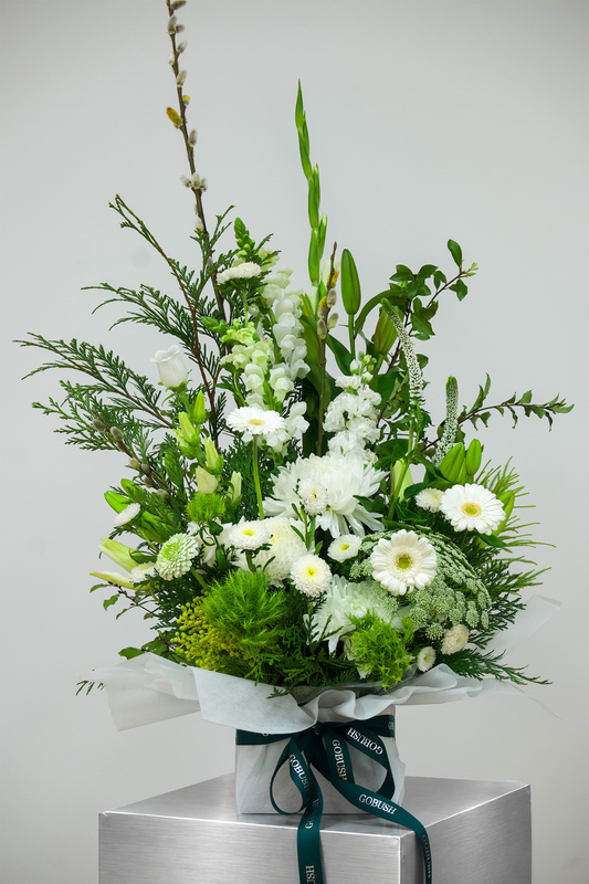 white and green fresh flower box arrangement, perfect for  thinking of you, sympathy flowers. GoBush florist Brisbane handmade fresh flower arrangement. 